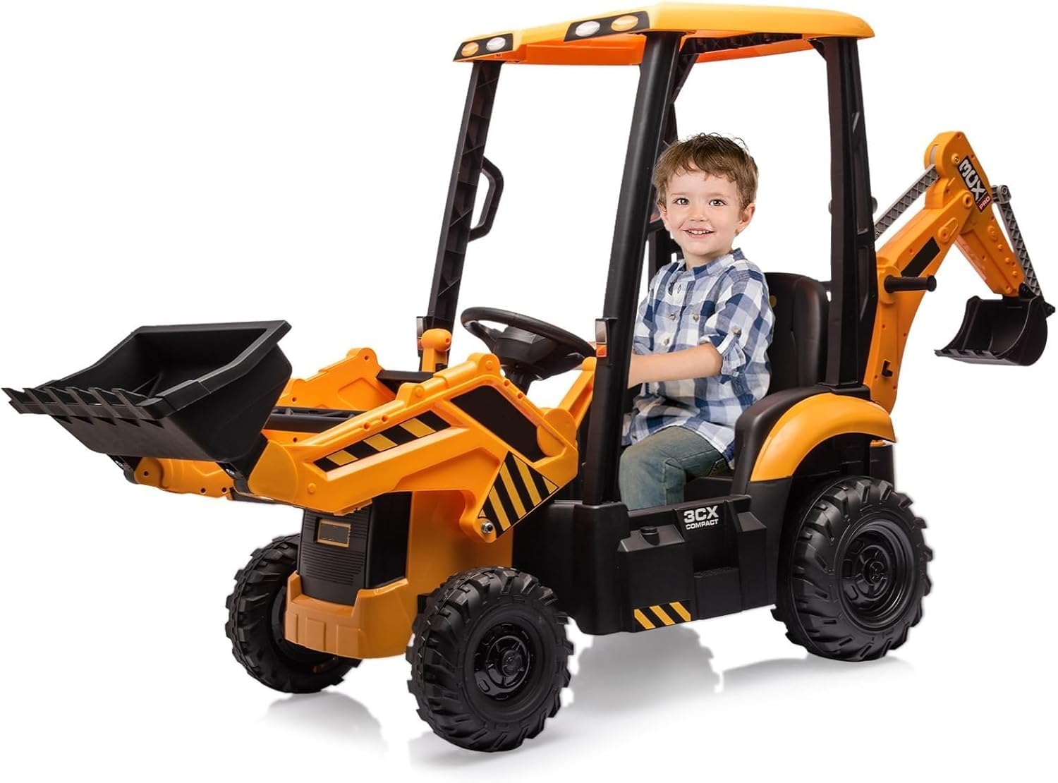 Cachpib 12V Electric Ride-on Tractor for Kids, 4-in-1 Excavator Digger Toy with Shovel, Bulldozer, 2.4G Remote Control, Horn, Removable Roof, Battery Powered Car for Boys Girls Age 3+
