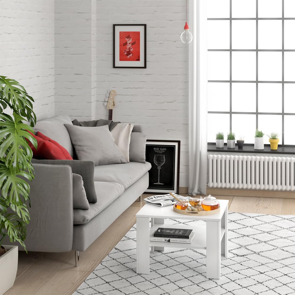 Vicco Couchtisch Homer, Weiß, 60 x 60 cm, zur Aufbewahrung von Zeitschriften und Fernbedienungen