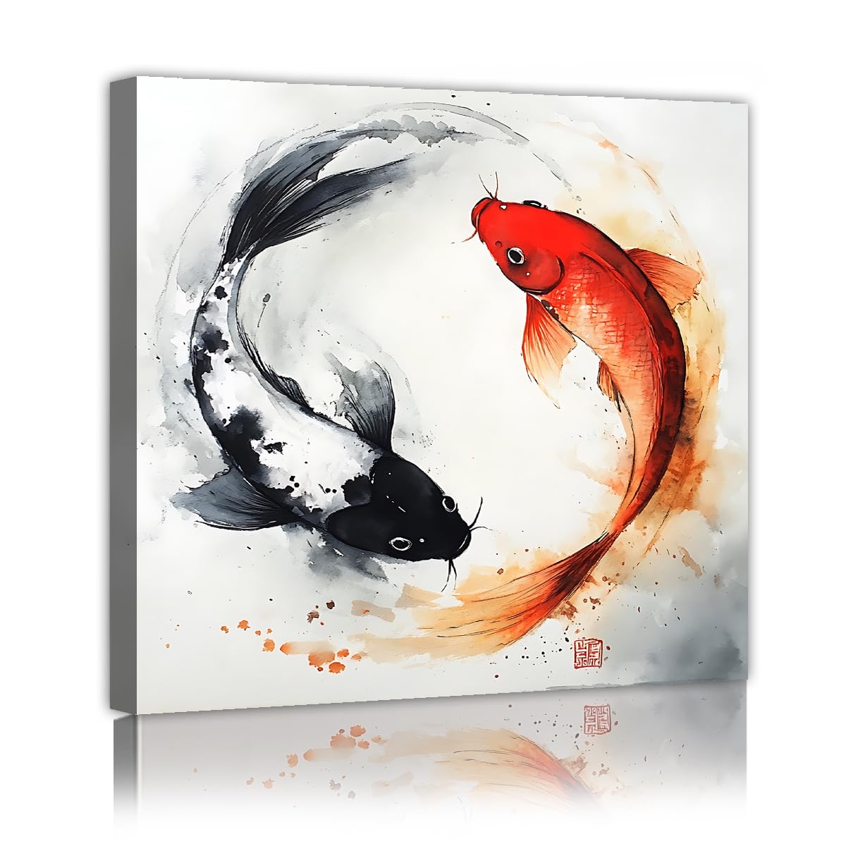 TOANGWALL Red and Black Koi Fish Canvas Poster Yin Yang Ink Carps Wall Art Framed Painting Oriental Symbol Picture for Meditation Hallway Decor 30x30cm