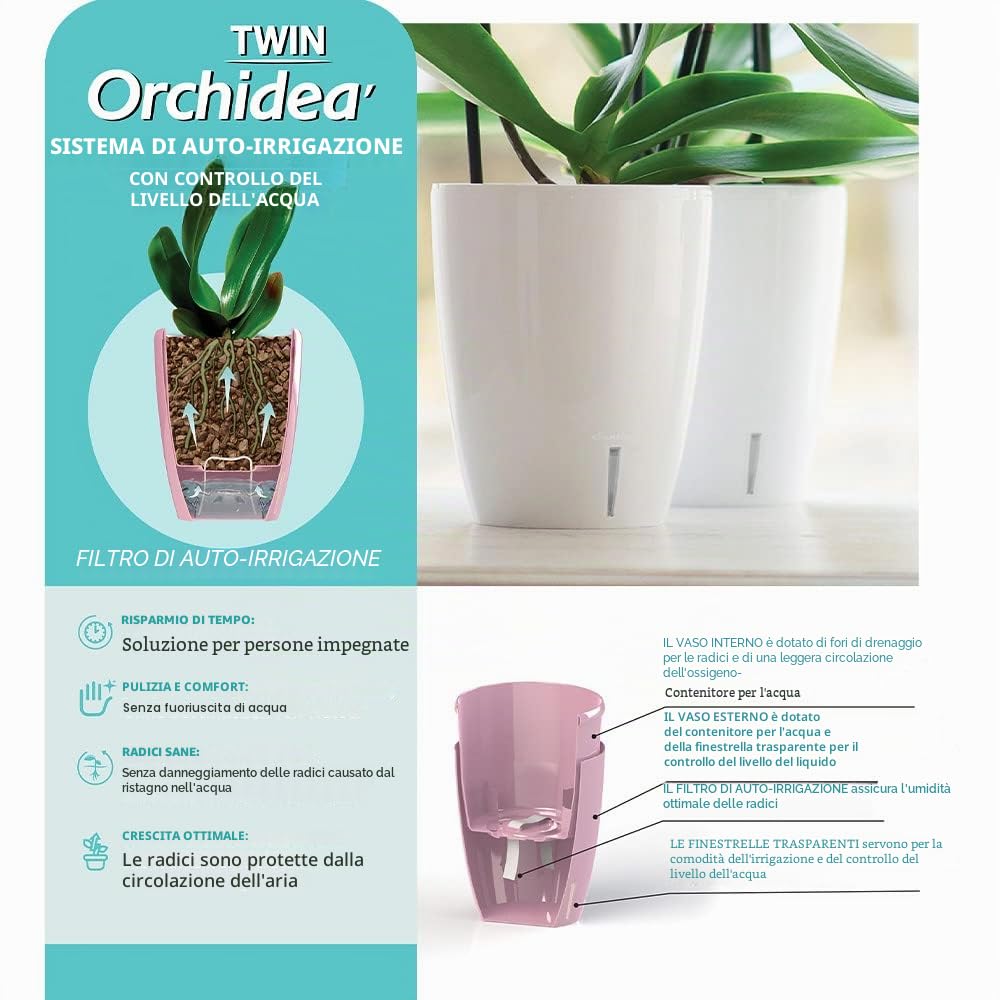 Santino Set di 4 Vasi Auto-irriganti con Sistema a Fiocco e Indicatore del Livello dell'Acqua per Uso Interno, Vaso per Orchidee Diametro 16,5 cm (Bianco - 3,3 L)