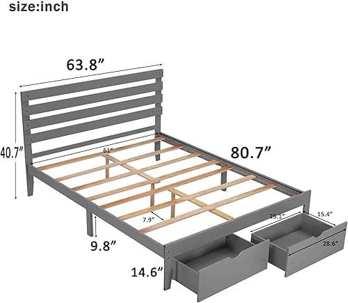 Miniatura 2 de Base de cama Queen con cajón de almacenamiento, base de cama de plataforma con cabecero, cámaras de base de colchón, soporte de listones de madera,