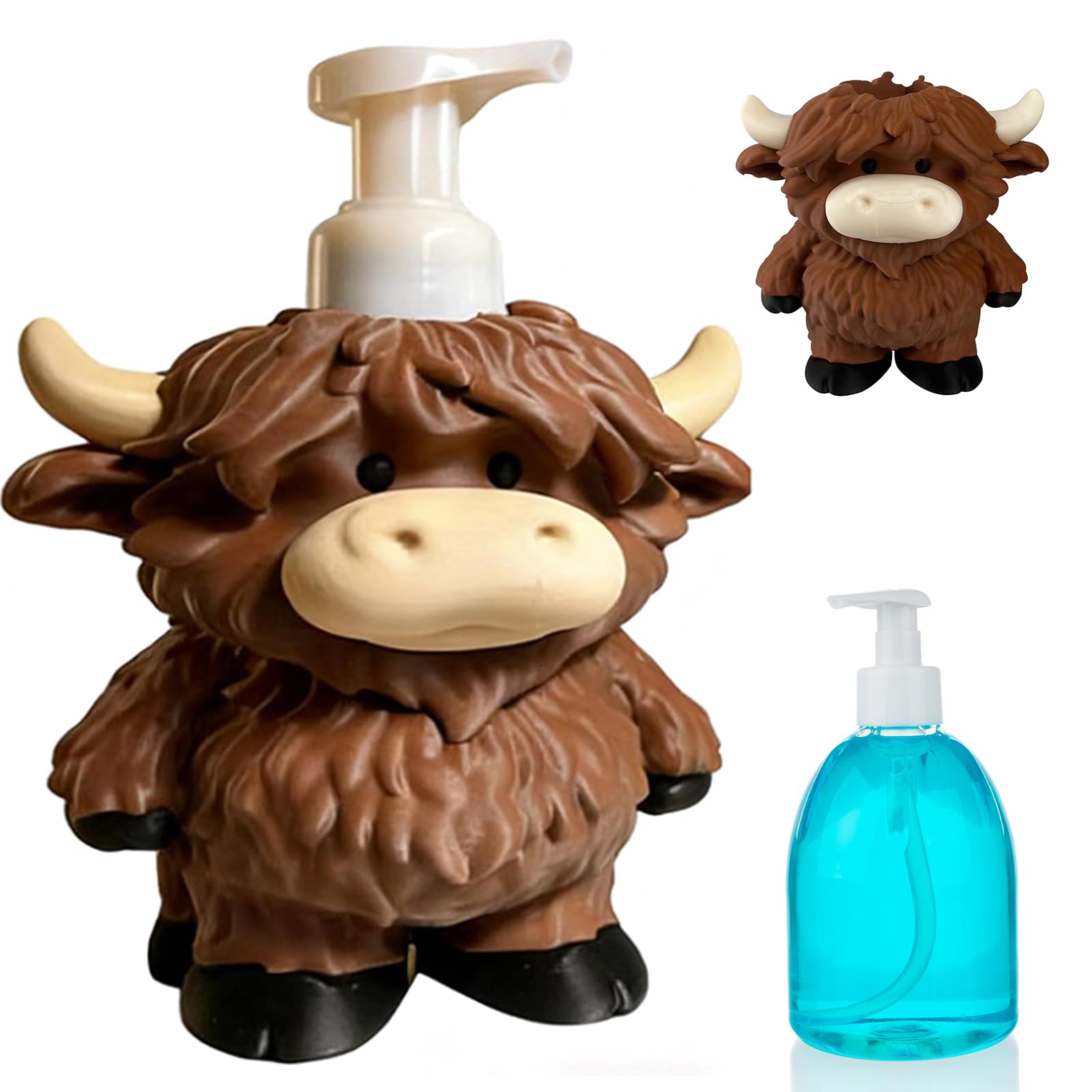 Adorable Highland Cow Bottle Holder for Hand Soap & Shower Gel, Farmhouse Cow Decor Soap Bottle Stand, Cute Liquid Soap Dispenser Organizer for Bathroom & Kitchen Sink Countertop