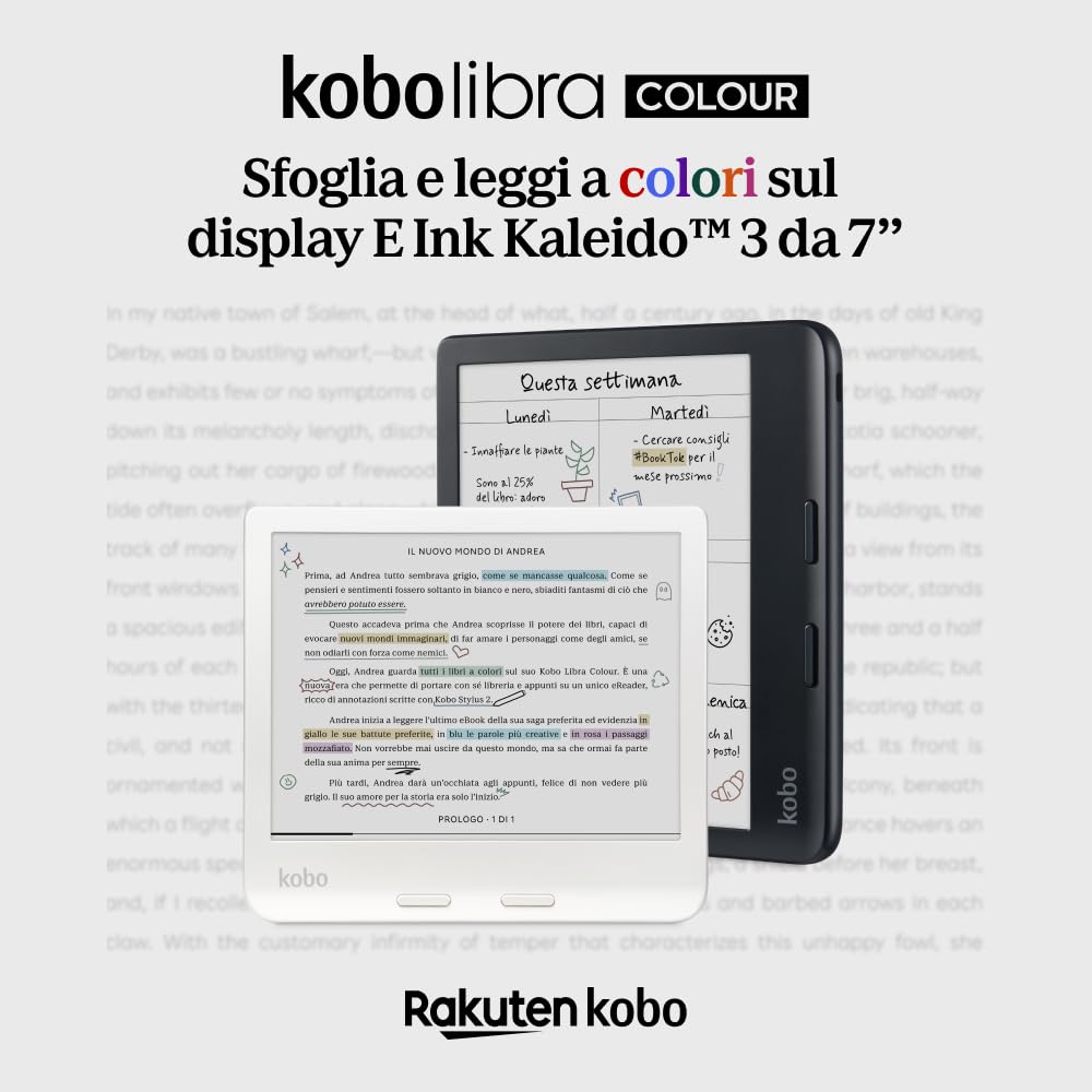 Kobo Libra Colour | eReader | Display antiriflesso a colori E Ink Kaleido™ 3 da 7” | Modalità Scura| I Audiolibri | Impermeabile (Bianco)