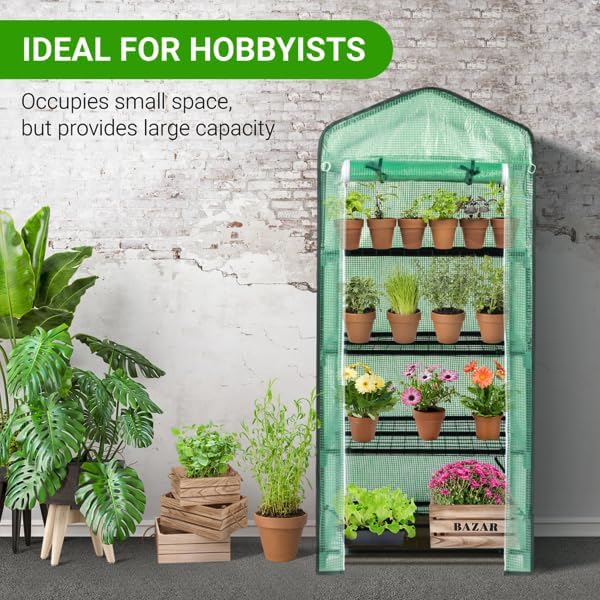 Black Iron Mini 4-Tier Grid Flower Stand with Pointed Design & Zipper Rolling Door - Indoor Plant Shelf Greenhouse