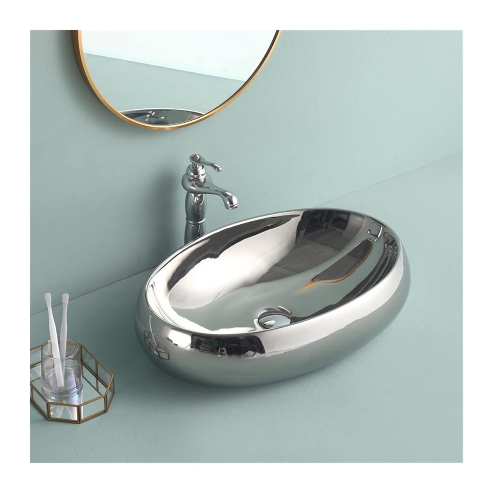 ASerZenith Bathroom Sink Vessel Ceramic Sink Oval Sink Art Basin Chrome Wash Basin Bathroom Sink Washbasin Above Counter Basin With Faucet,Silver Vessel Sink