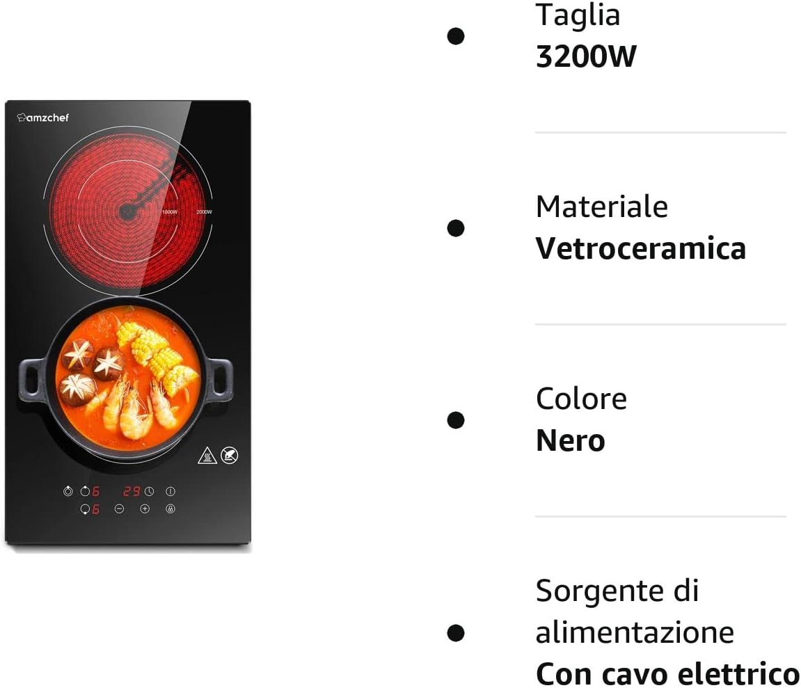 AMZCHEF Piano cottura in vetroceramica, 6600 W elettrico con 4 fuochi, 9 livelli di potenza, doppia zona, zona tostatura, funzione di pausa, controllo touch scorrevole, blocco bambini AMZCHEF Piano cottura in vetroceramica, 6600 W elettrico con 4 fuochi, 9 livelli di potenza, doppia zona, zona tostatura, funzione di pausa, controllo touch scorrevole, blocco bambini
