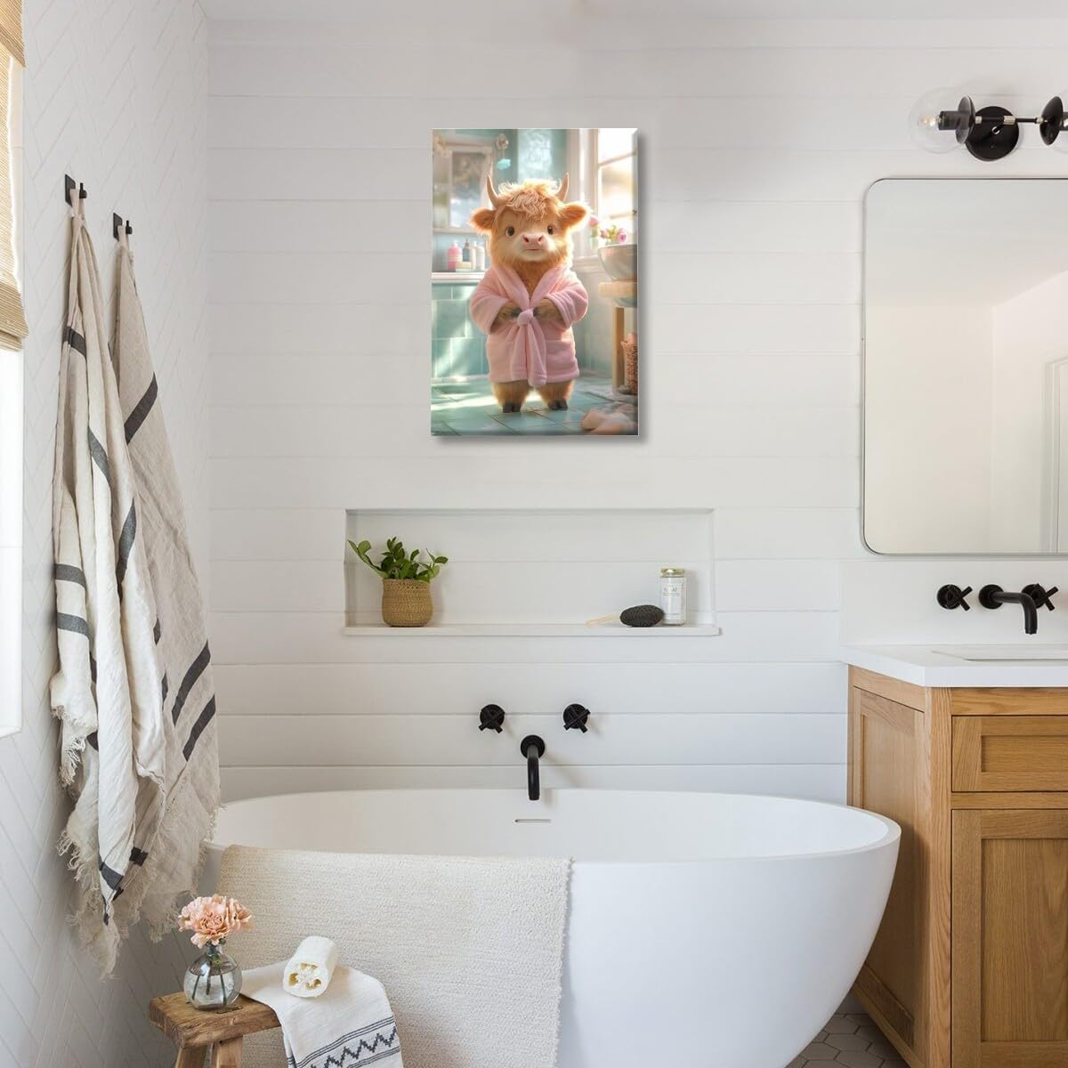 Bathroom Canvas Wall Art Prints Little Highland Cattle Wrapped In A Pink Bath Towel Painting Artwork Funny Abstract Wall Decorations Animals Aesthetic Posters for Bathroom Bedroom 20x30inch Unframed