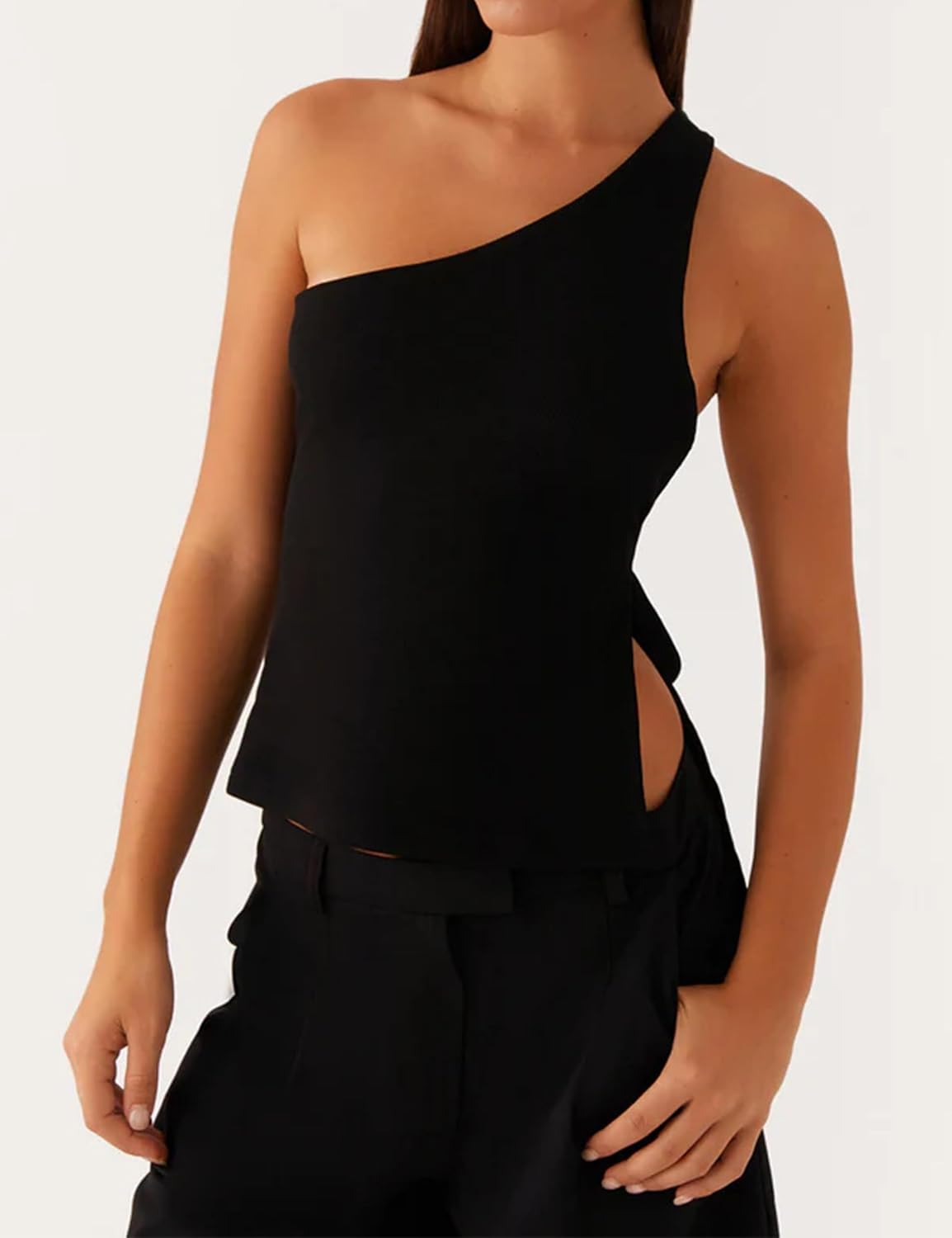 Women Backless One Shoulder Top Sleeveless Open Side Back Tie Self Tank Tops Summer Casual Going Out Top - Image 4