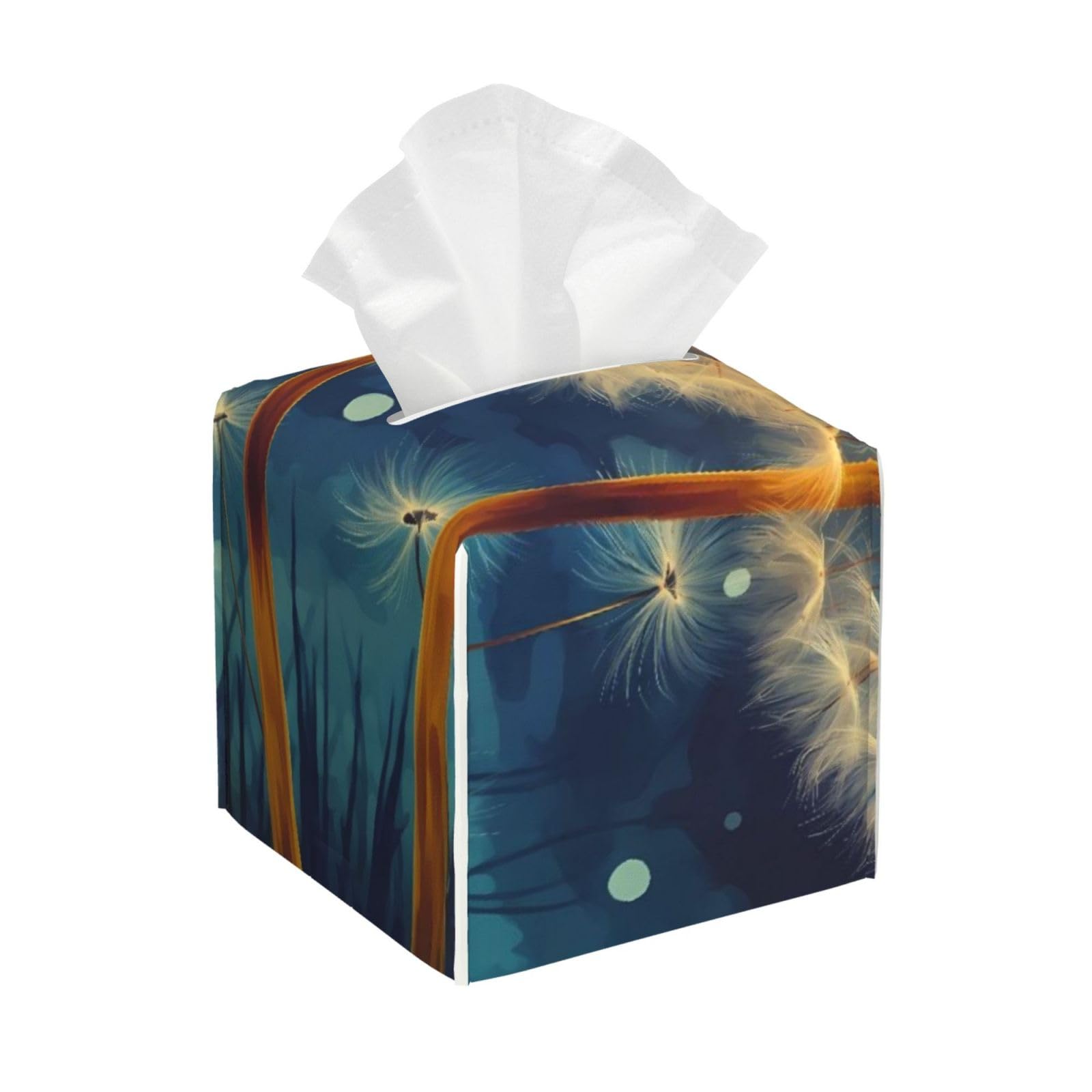 Dandelion Drawing Paint Leather Tissue Box Cover Holder Square Facial Paper Organizer 5.2" X 5.2" X 5.2"