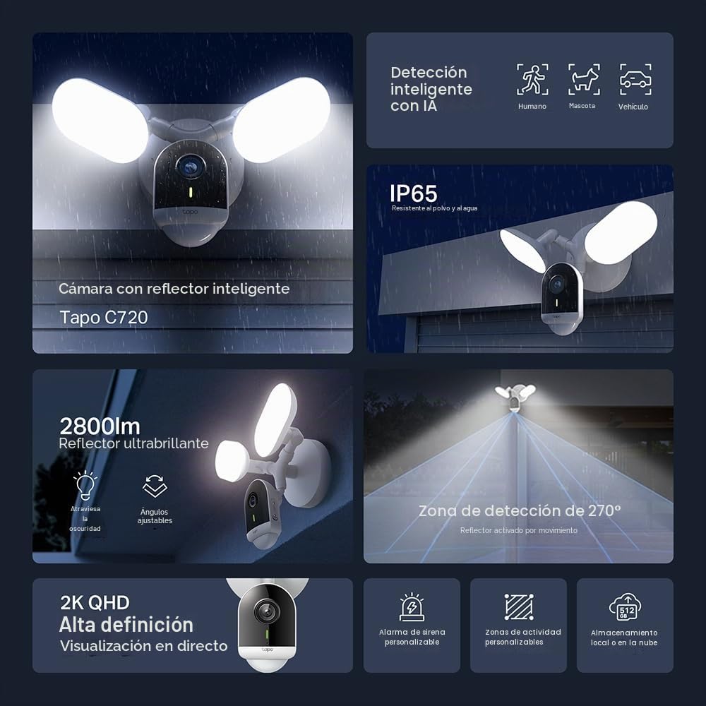 Tapo C720 - Cámara vigilancia WiFi Exterior, 2K QHD, Foco Ultrabrillante | Detección de Movimiento y Personas. Visión Nocturna. Alarma Luz y Sonido. Almacenamiento Local o Nube. App Tapo.