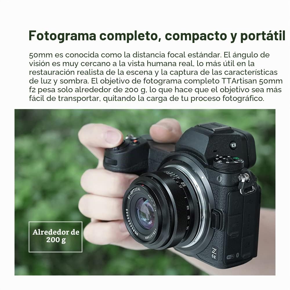 TTARTISAN 50mm F2 Objetivo de cámara para Montura Sony E Fotograma Completo Enfoque Manual Objetivo Diseño Compacto Peso Ligero