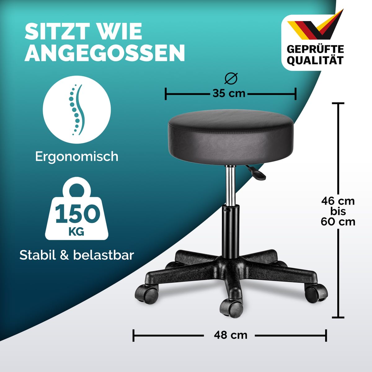 Casaria® Rollhocker Höhenverstellbar Schwarz 10cm Polsterung 46-60cm Sitzhöhe 360° Drehbar Ø35cm Rund Rollen Bürohocker Drehhocker Arbeitshocker Hocker