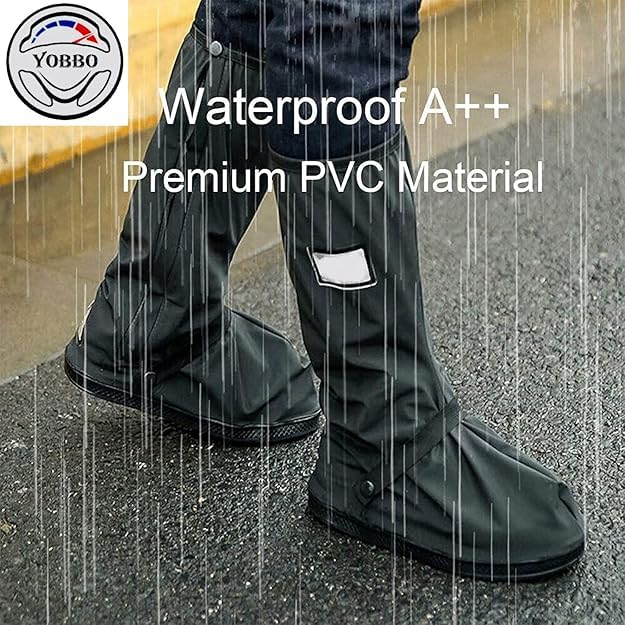 Image of Waterproof Shoe Cover Protector for Men and Women - Reusable Anti-Slip Rubber Overshoes - Tall Boot Galoshes with Safety Reflector - PVC Material, Dustproof, Foldable, Portable, and Durable for Rainy Season and Outdoor Use (1-Pair, Black)