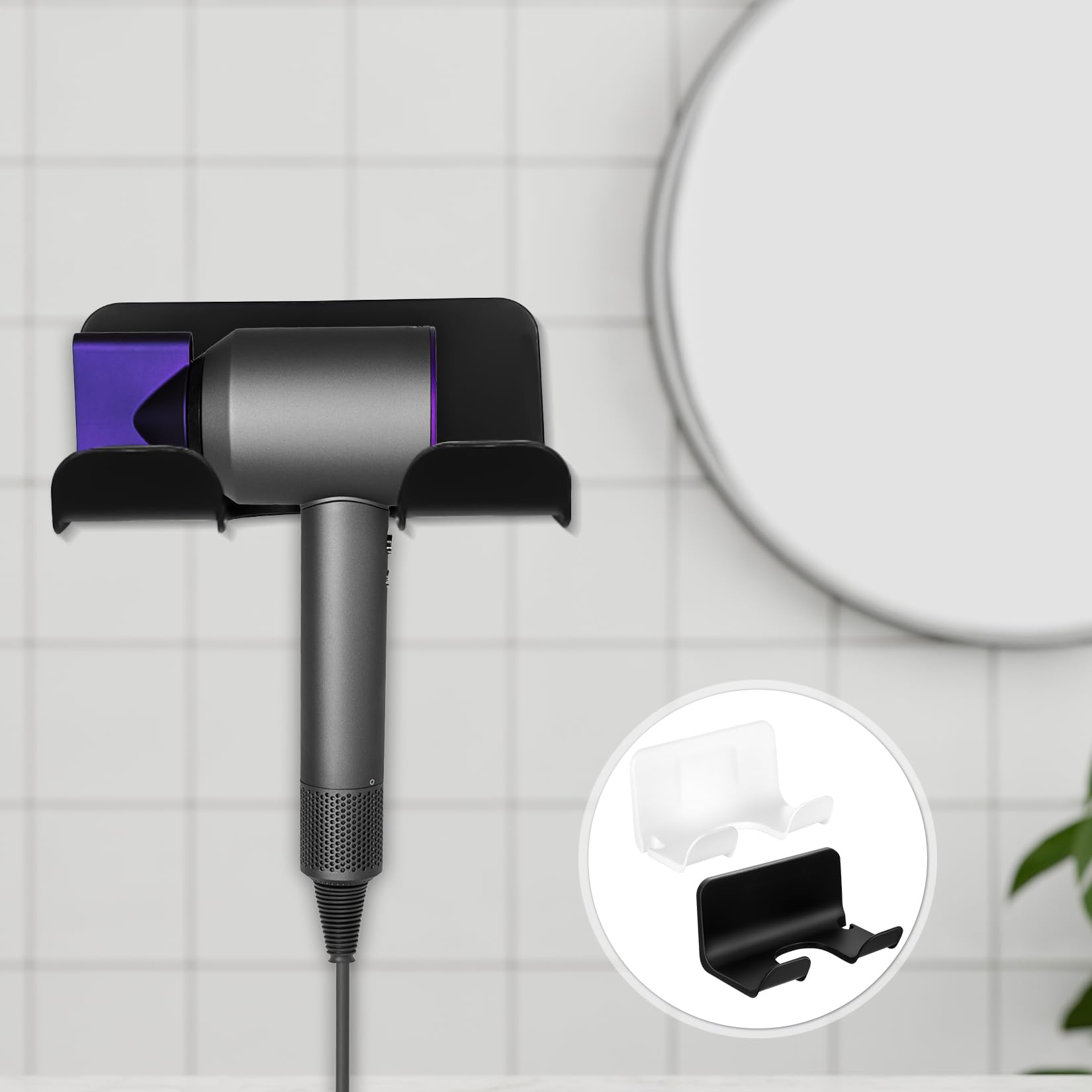 McBlast Soporte Secador Pelo Pared Autoadhesivo 4 Piezas, Colgador Sin Taladro Baño Blanco y Negro