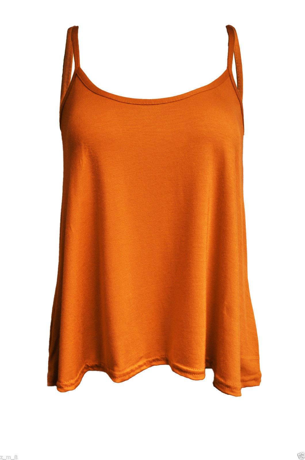 Ladies Women Plus Size New Camisole Cami Plain Printed Strappy Swing Vest Top Flared Sleeveless (Orange, XXXL UK 24-26)