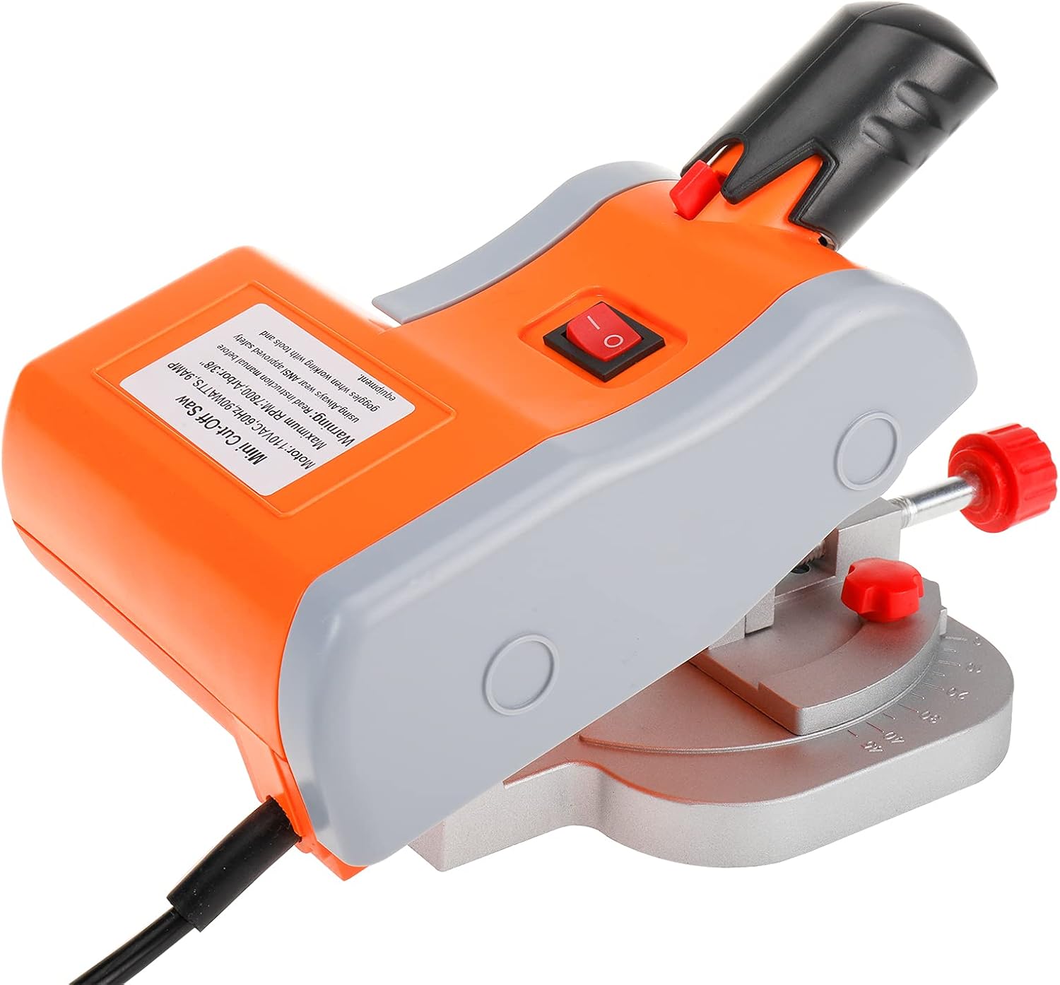 Top view of the LuckyHigh Mini Benchtop Cut-Off Miter Saw, showing the red power switch and warning label.