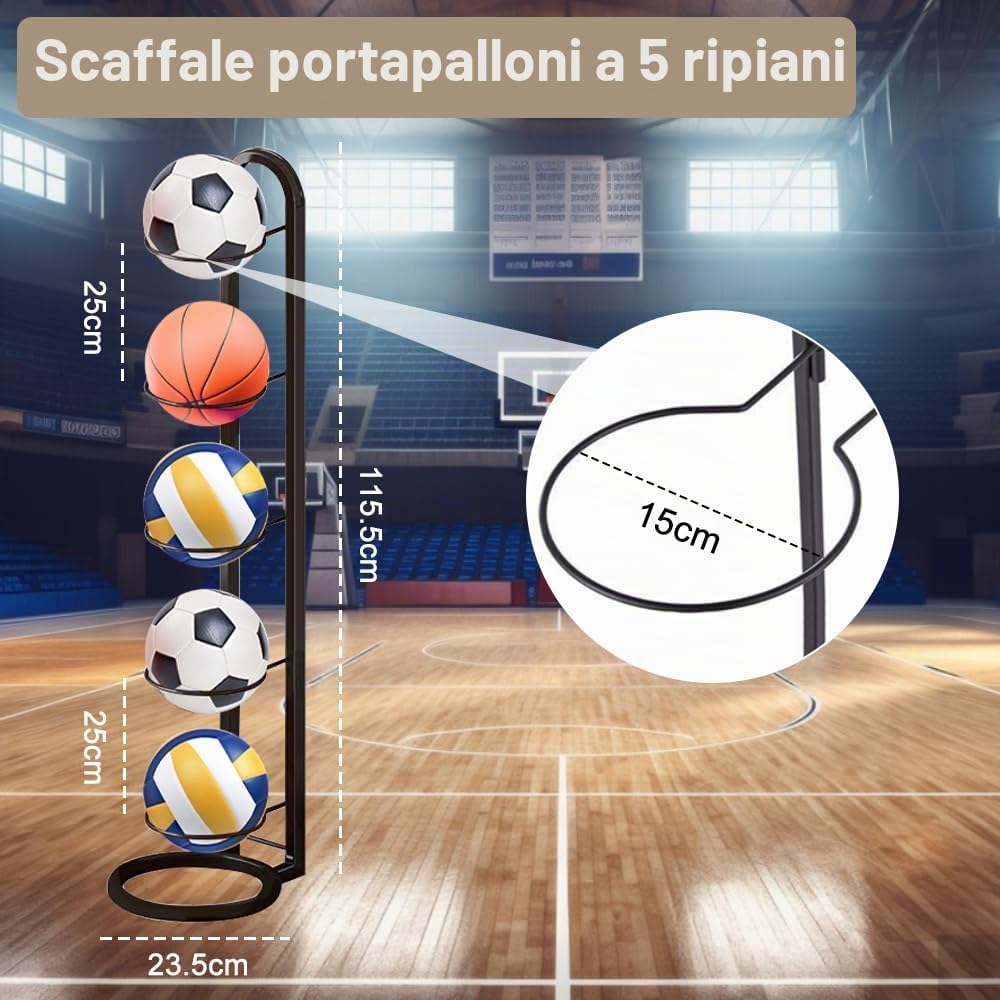 Kleemeiero Rastrelliera per Palloni Verticale 5 Livelli Porta Pallone da Calcio Basket Pallavolo, Nero