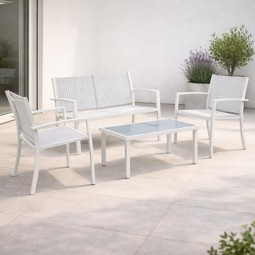 Set Salotto da Giardino 4 Pezzi, Divano 2 Posti, 2 Poltrone e Tavolino in Vetro Temperato, Mobili da Esterno in Metallo e Textilene per Terrazzo Balcone Patio (Bianco)