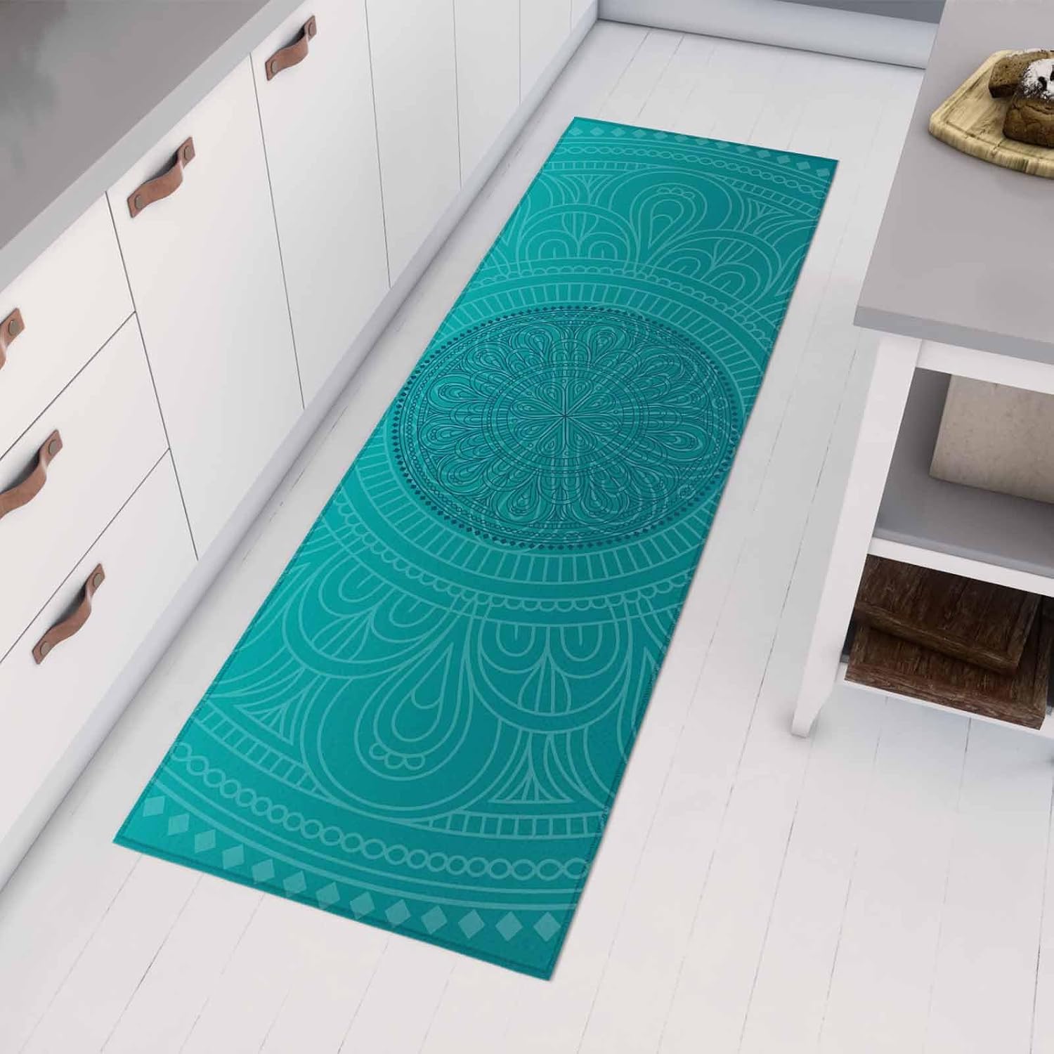 Kitchen Mats for Floor Bohemian Flower on Teal Green Washable Non Slip Kitchen Rugs 1PCS, Boho Chic Blossom Floral Absorbent Standing Mats for Sink Bathroom Office Living Room 15.7x47.2in