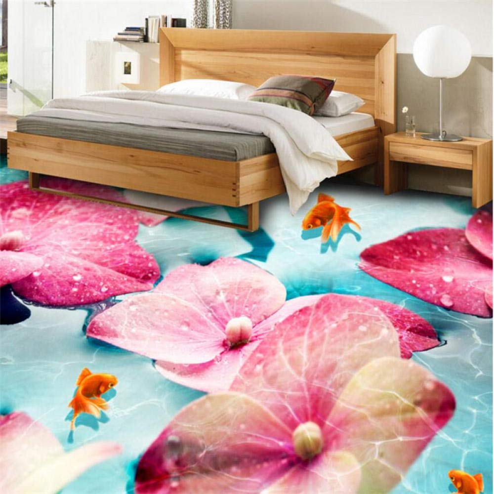 Papel pintado de encargo de la foto de la flor rosada Goldfish cuarto de baño papel pintado del PVC auto-adhesivo del suelo wallpaper-200cmX140cm