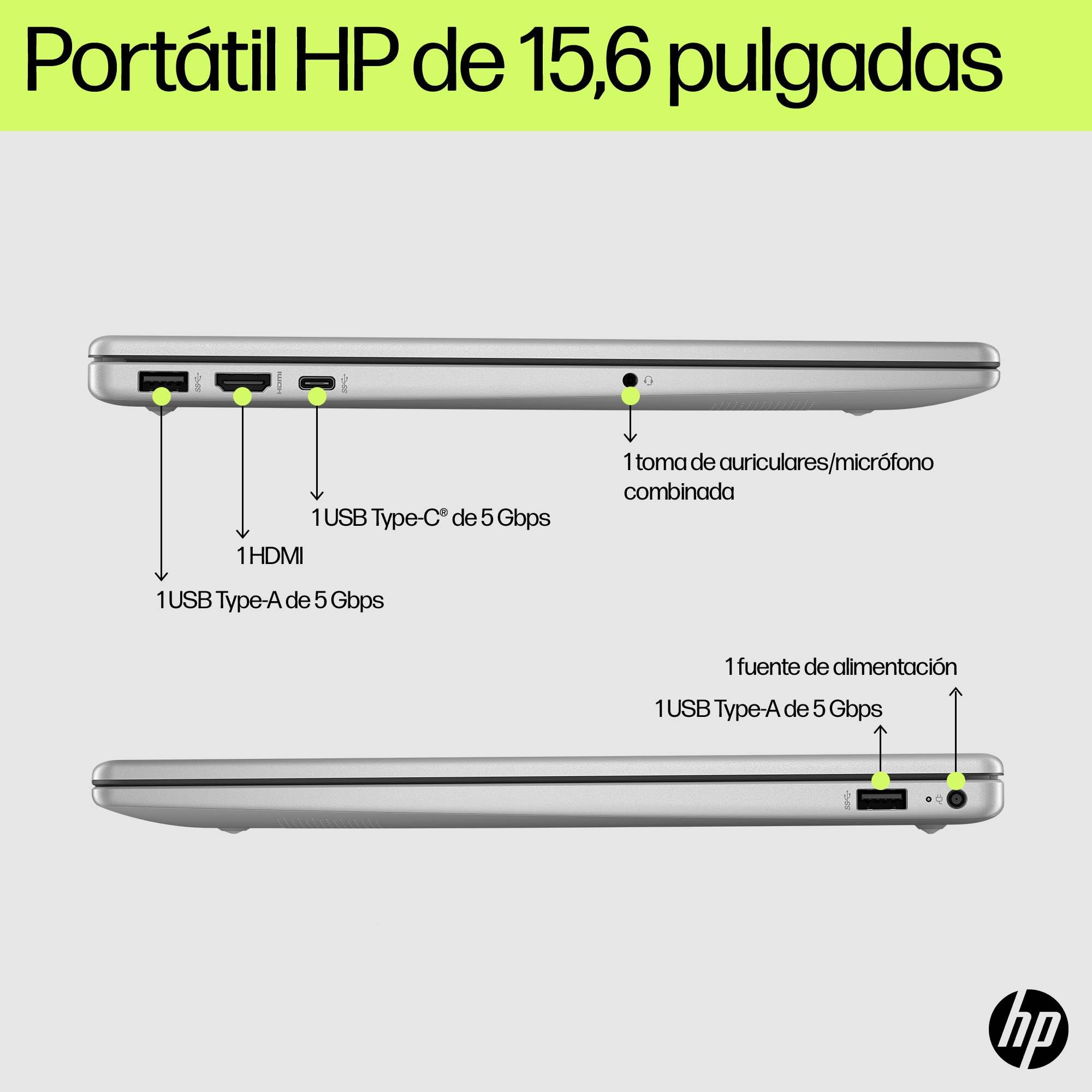 HP 15-fd0261ns - Ordenador portátil de 15.6" FHD (Intel N100, 4GB RAM, 128GB UFS, Intel UHD, Windows 11) Plata - Teclado QWERTY Español - Incluye Microsoft 365 Personal 12 Meses
