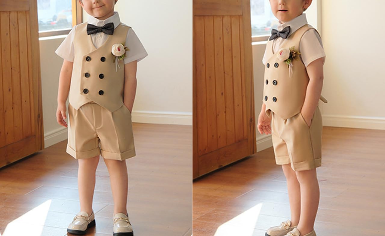Smoking Abiti Bambini e Ragazzi Completi e Coordinati Camicia Fiocco+Gilet+Pantaloncini+Corsage Completi da Gentiluomo per Bambino