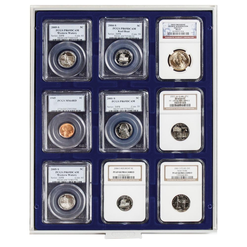 Bandeja de monedas Marine con 9 compartimentos á 64 × 86 mm [Lindner 2219M], Con cajón gris, marco transparente y inserto de terciopelo azul
