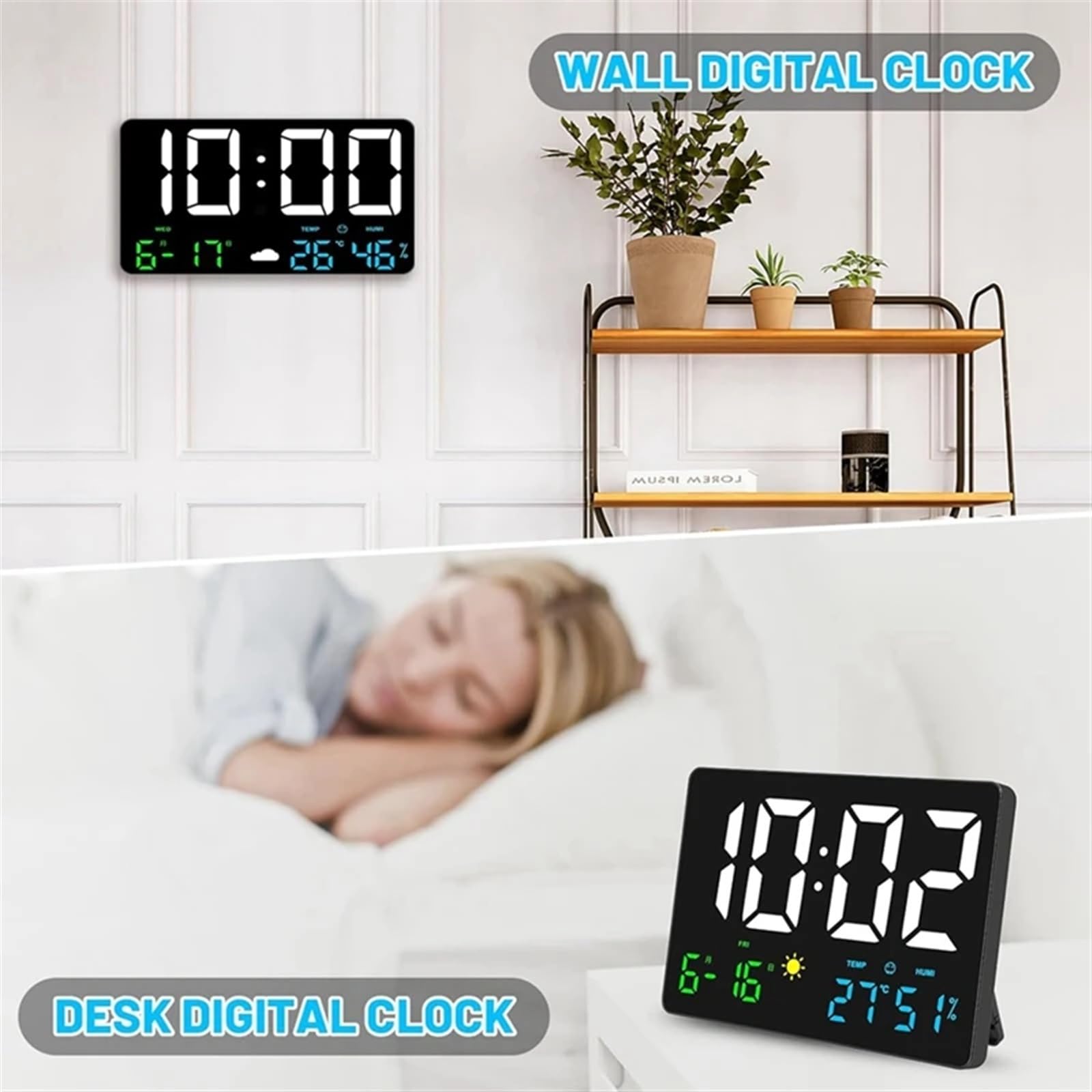 Stazione meteorologica Esterna, Orologio da Parete Digitale LED con Ampio Display, Sveglie for Camera da Letto con Stazione Meteo, USB, 11,5"