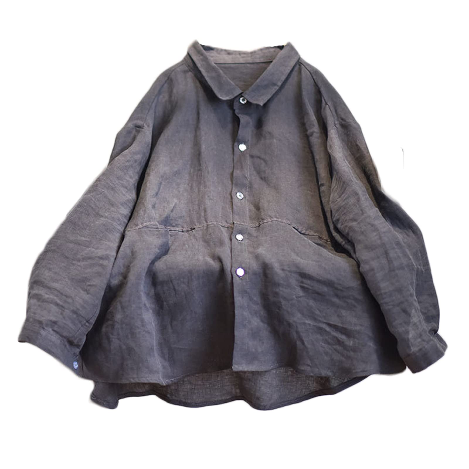 NFYM Damen-Hemd aus Flachs, Leinen, Knopfleiste, handgefertigt, lange Ärmel, lockere Passform, Kragen, Bluse mit Tasche, GRAU, Einheitsgröße