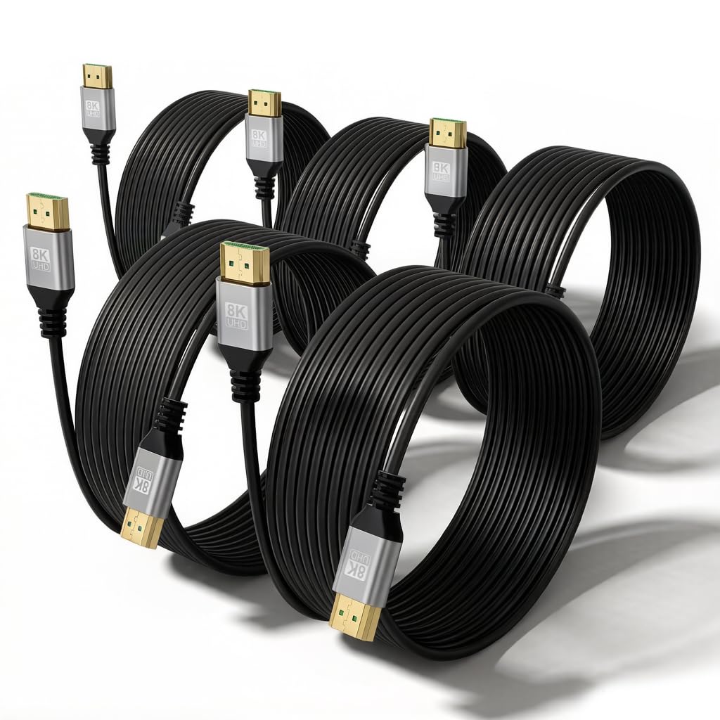 Paquete de 5 cables HDMI delgados 8K de 15 pies, 48 Gbps de ultra alta velocidad, cable HDMI 2.1 compatible con VRR, ALLM, eARC, HDCP2.3, Dolby Atmos y DTS:X, HDR10+ para TV, monitor, computadora