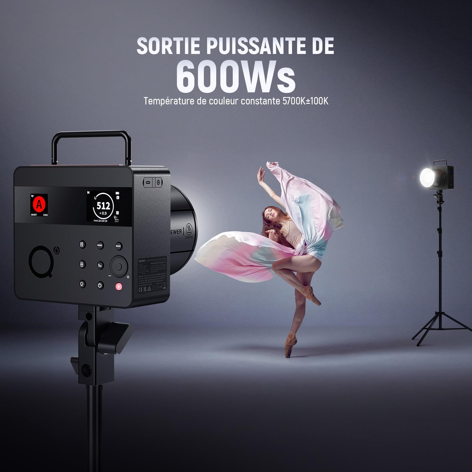 NEEWER Q6 600Ws 2,4GHz TTL Flash Studio extérieur avec app contrôle,Compatible avec Godox,Vitesses d'obturation 1/1 à 1/512,1/8000 HSS,Lampe Pilote LED Bicolore 30W,Temps Recharge de 0,01 à 0,9s
