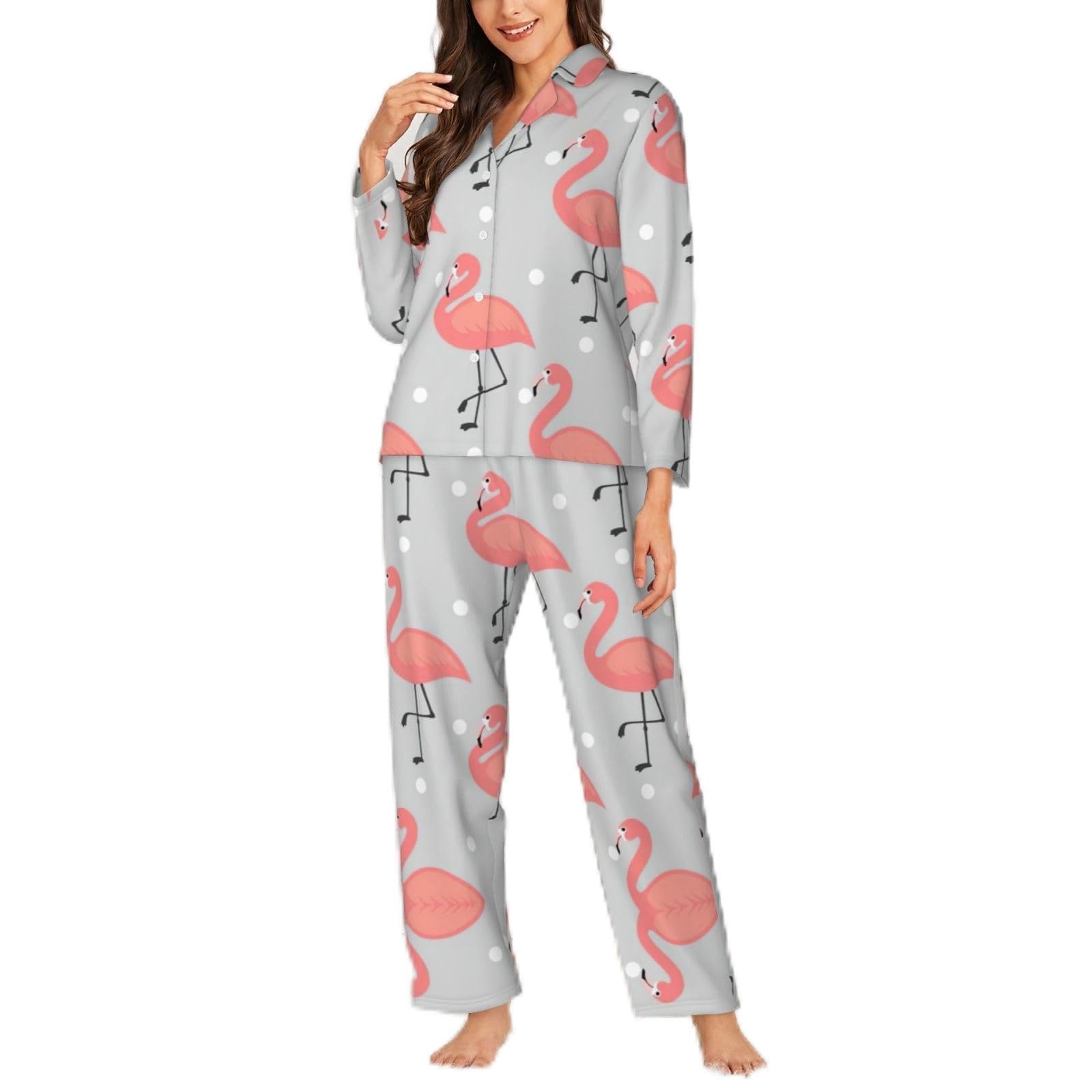 Migpkd Women's Black Flamingo Pajamas For Set Long Sleeve Button Down Sleepwear 2 Piece Nightwear Pjs Sets