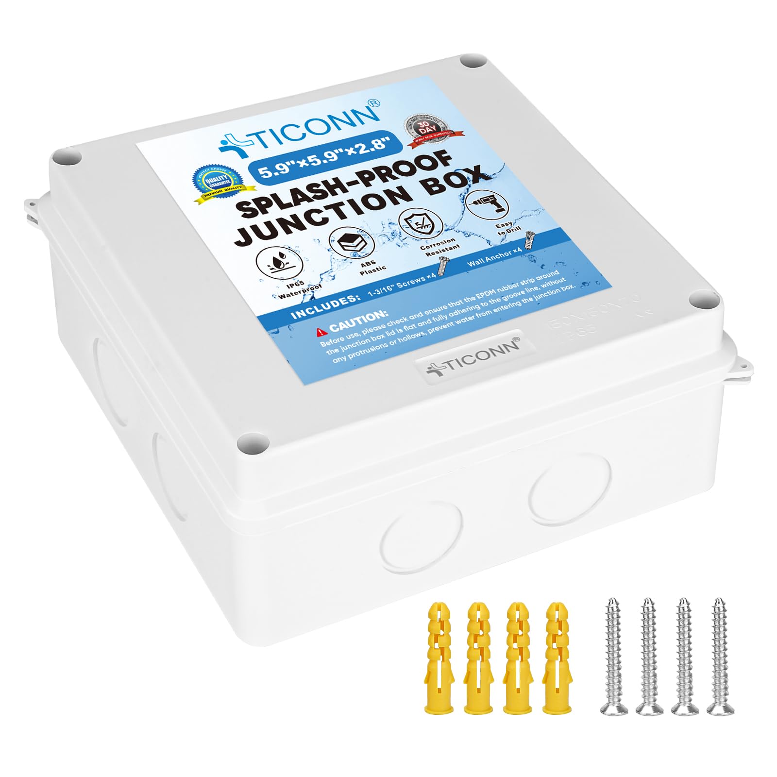 TICONN Electrical Junction Box, IP65 Splash-Proof ABS Plastic Project Box Electrical Enclosure (5.9"×5.9"×2.8")