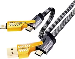 Cabo 4 em 1 Reforçado 65W Turbo com Conectores Lightning, Tipo-C e USB-A | Compatível com iPhone, Android, iPad, MacBook, Tablet e Notebook | 1 Metro | Nylon Trançado | Carregamento Rápido