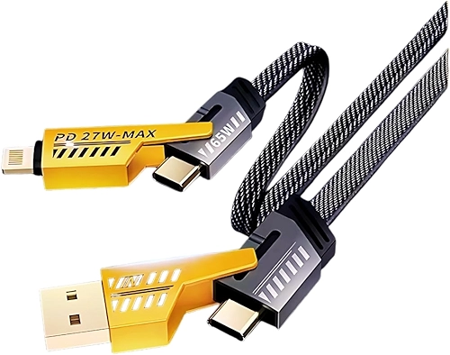 Cabo 4 em 1 Reforçado 65W Turbo com Conectores Lightning, Tipo-C e USB-A | Compatível com iPhone, Android, iPad, MacBook, Tablet e Notebook | 1 Metro | Nylon Trançado | Carregamento Rápido