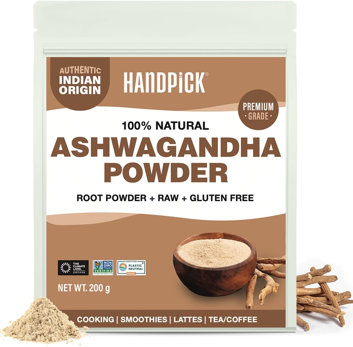 HANDPICK,Ashwagandha Root Powder (200g/7oz) Withania Somnifera | Finest Grade A Root Powder | Non-GMO, Vegan & Raw from India | Packed in Resealable Zip Lock Pouch