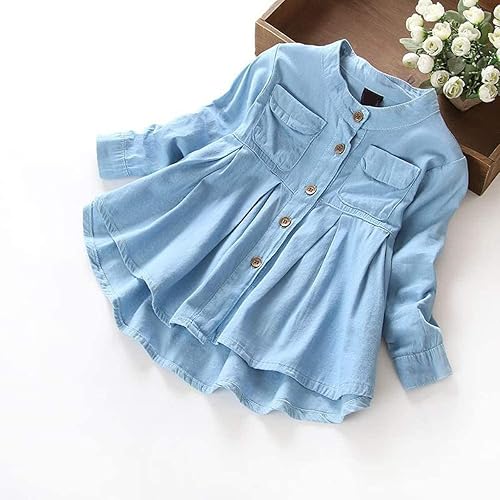 Miniatura 6 de EISHOW Blusa de manga larga para niñas pequeñas, con dobladillo con volantes, camiseta de mezclilla, primavera, otoño, casual, ropa de princesa