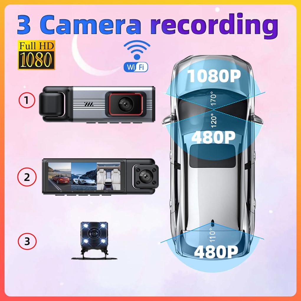 Telecamera interna anteriore e posteriore 1080P Registrazione HD per auto 3 telecamere Dash Cam Registrazione in loop Supporto APP per telefono Wi-Fi Schermo diviso