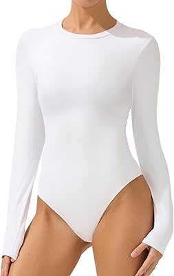 AFITNE Women’s Crew Neck Long Sleeve Bodysuit Basic Trendy Tummy Control Double Lined Thong Body Suit Tops Shirts