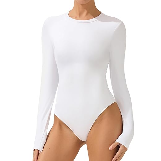 AFITNE Women’s Crew Neck Long Sleeve Bodysuit Basic Trendy Tummy Control Double Lined Thong Body Suit Tops Shirts