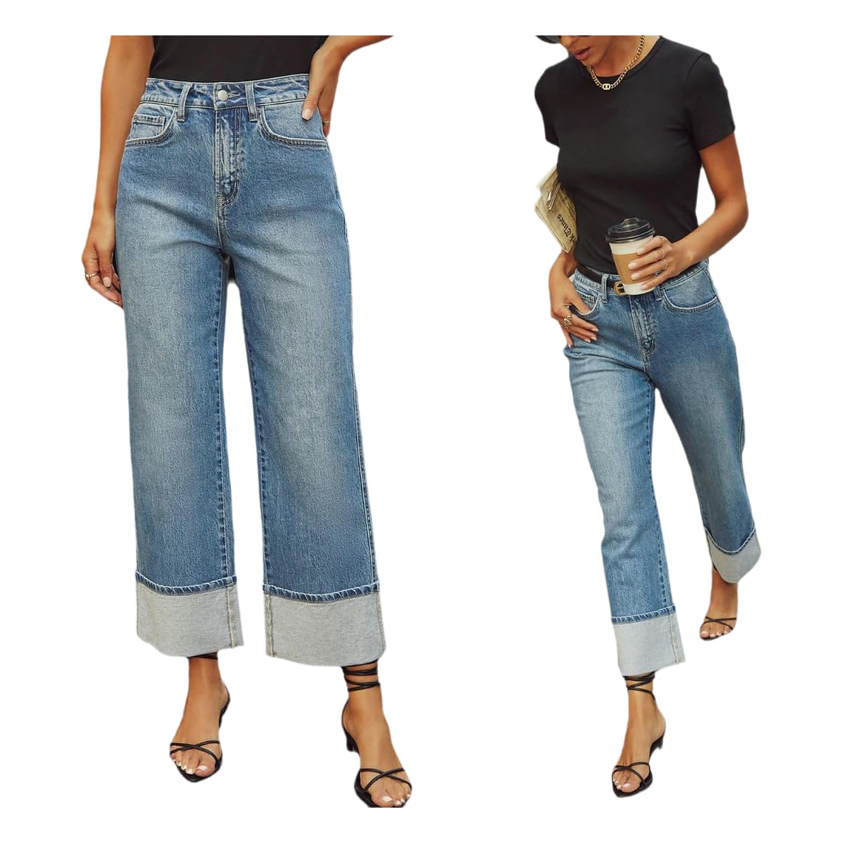 Jeans Donna Larghi A Medio Aumento Femminile Arrotolato Gamba Larga Casual Pantaloni di Denim alla Caviglia Sciolti-Blu-XL