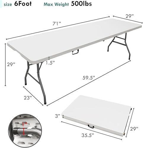 Miniatura 6 de AJP Distributors Mesa plegable portátil de plástico de 6 pies y 72 pulgadas, parte superior resistente con asa de transporte, interior y exterior,