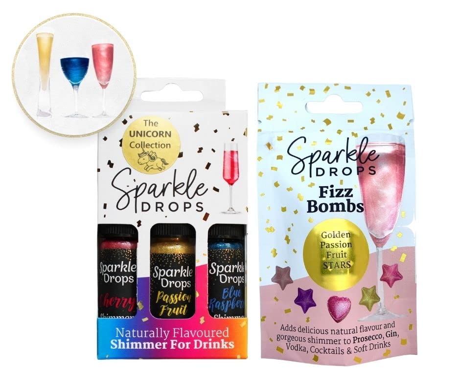 Sponsored Ad – Unicorn Shimmer Bundle - Blue Raspberry, Passion Fruit Syrups & Passion Fruit Fizz Bomb Stars for Drinks, Gin, Cocktails, Sparkling Wine and Prosecco