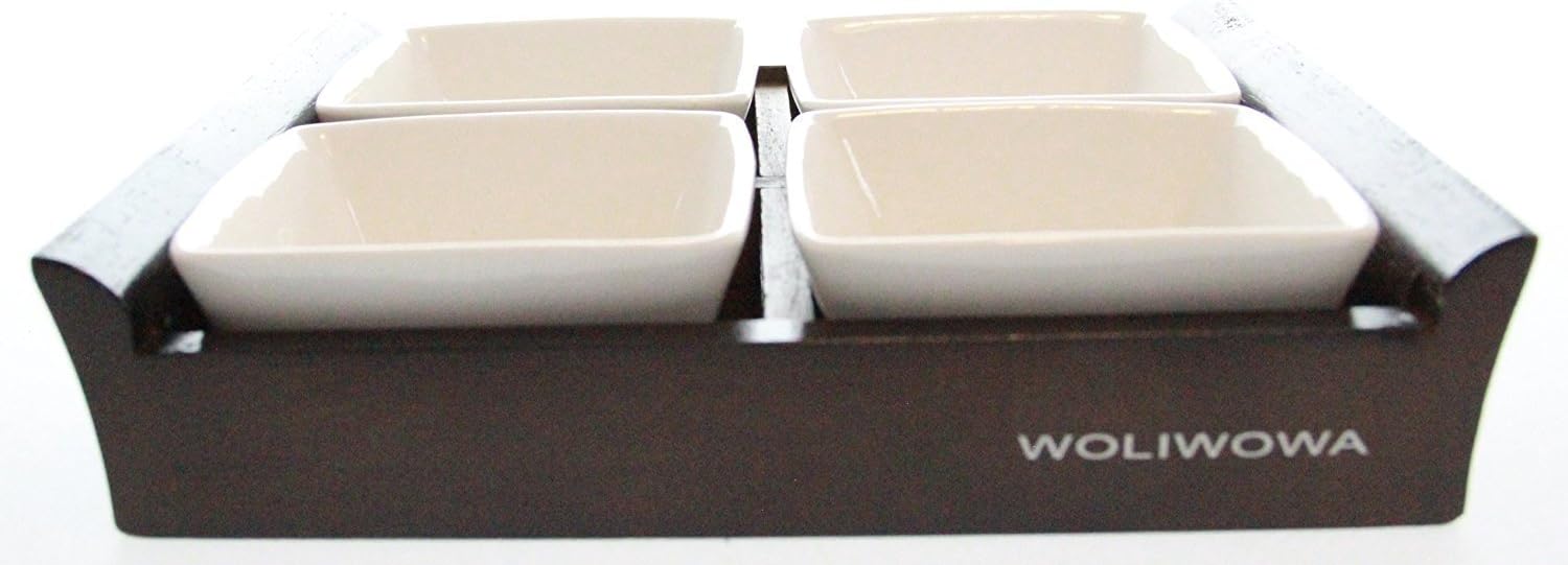 4-Piece Ceramic Party Serving Dish Set with Tray - Dark Wood Tray