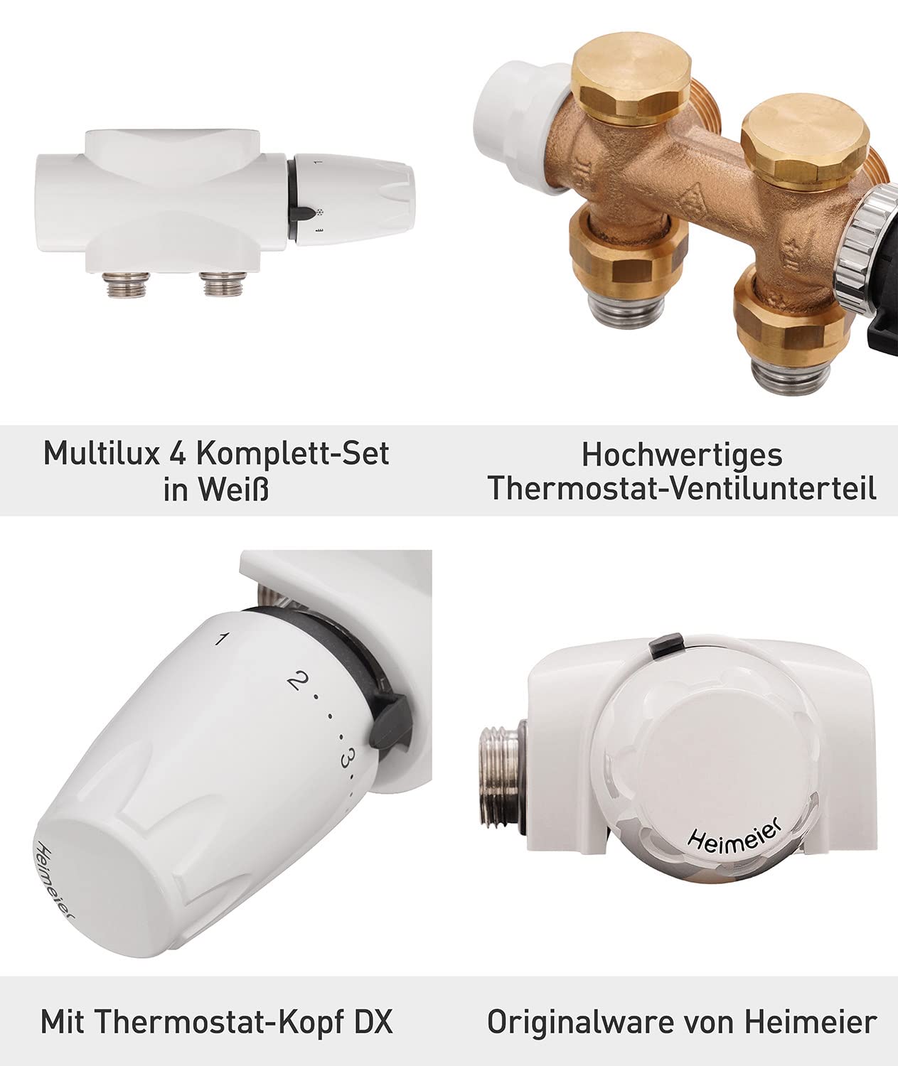 Heimeier Kompletny zestaw Multilux 4-częściowy z dolną częścią zaworu termostatu i głowicą termostatu DX, do montażu narożnego lub przelotowego, łączniki do grzejników R 1/2 i G 3/4, 27337 4
