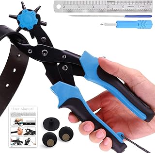 Leather Hole Punch, Belt Hole Puncher - Upgraded Version with Hole Size Dial, Premium Puncher for Belts, Watch Bands, Straps, Dog Collars, Saddles, Shoes, Fabric, DIY Home, Heavy Duty Rotary Punch Set