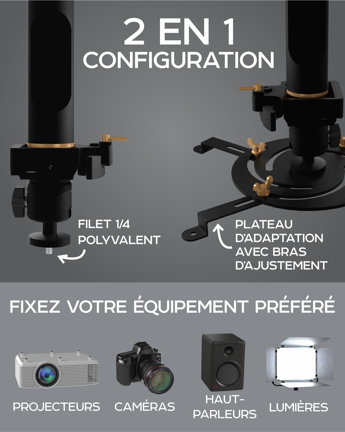 Support de projecteur Universel - Support de Plafond ou Mural réglable pour Mini-projecteurs de Bureau et domestiques - Mouvement Complet, Installation Facile, pivotant à 360°, Longueur 35-53 cm
