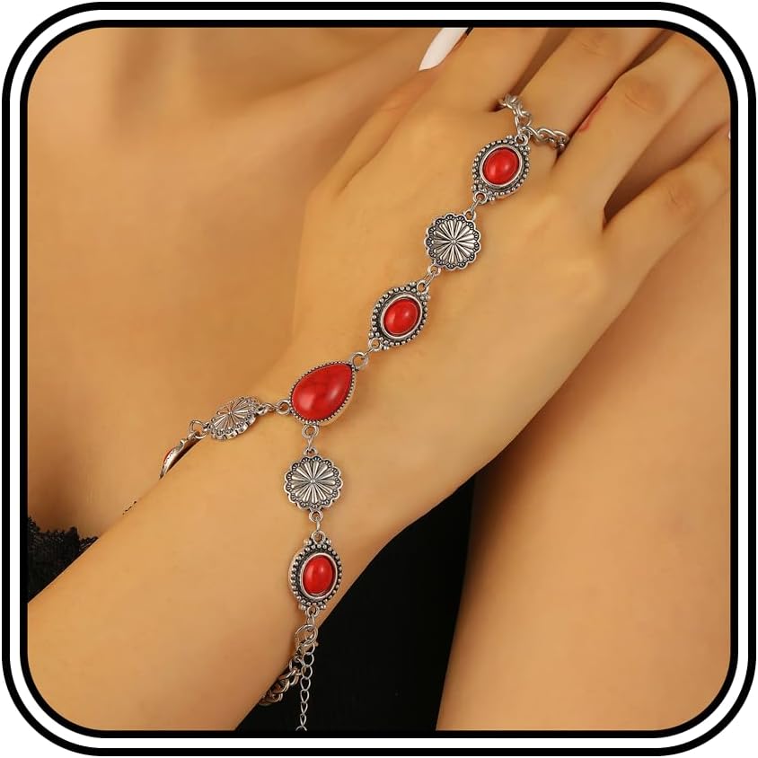 Bohemian Turquoise Bracelet for Women, Vintage Silver Chain Hand Boho Blue Bead Western Style Wrist Ring Gypsy Festival Jewelry Gift