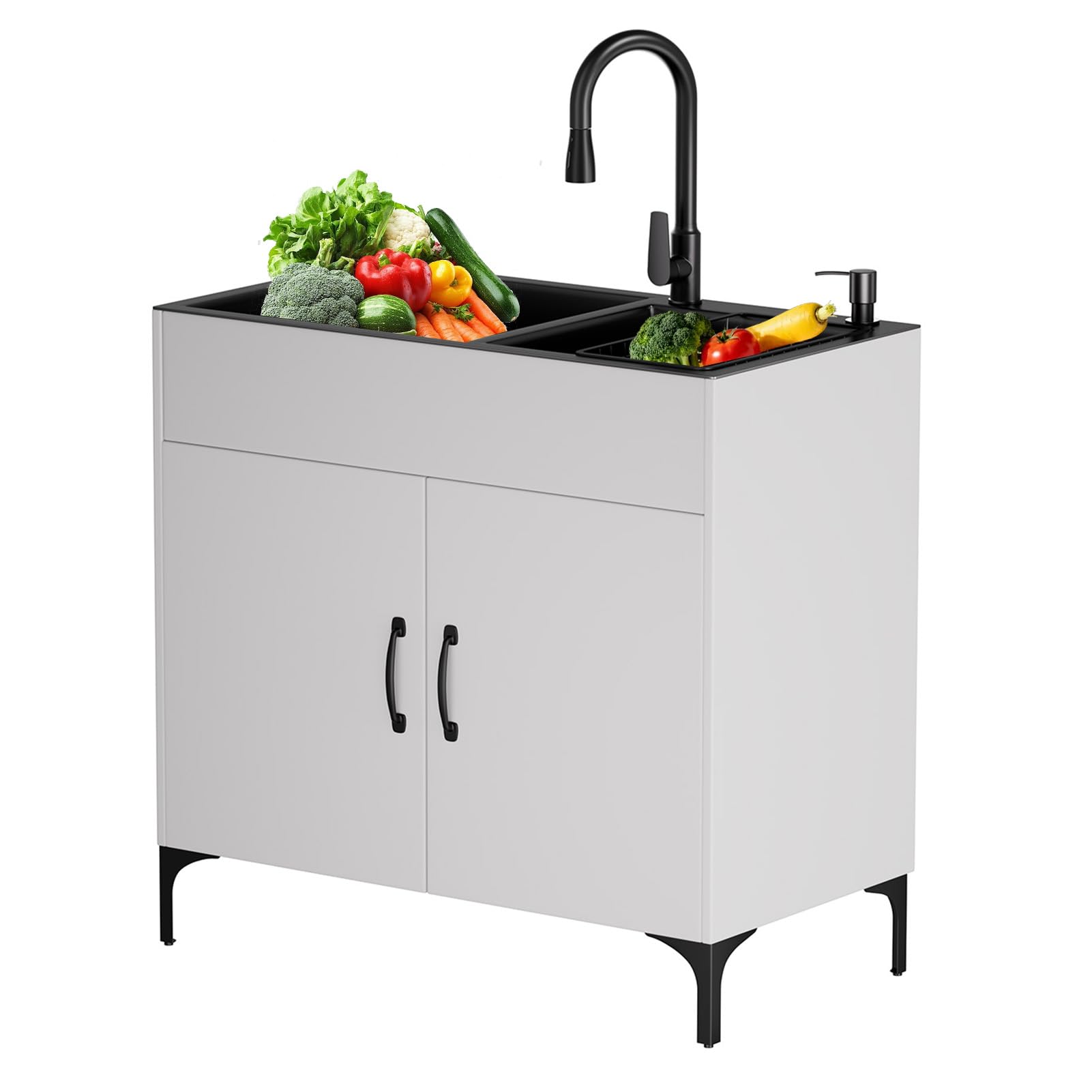 Freistehende Spüle mit Unterschrank,Edelstahl Spültisch Ausgestattet mit Ausziehbaren Warm- und Kaltwasserhähnen Sowie Einem Abfluss, Geeignet für Küche, Außenbereich, Werkstatt, Waschküche, Camping