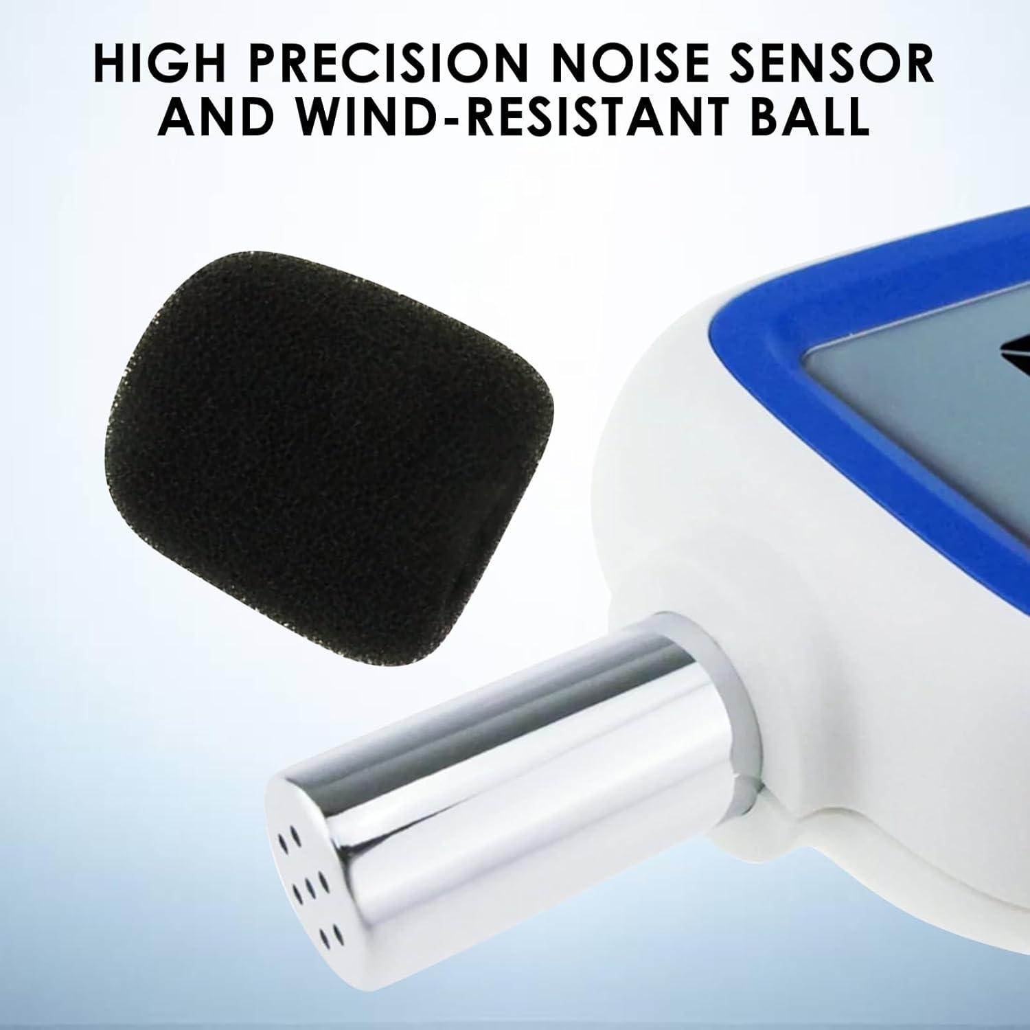 Close-up of the high precision noise sensor and wind-resistant ball of the decibel meter.